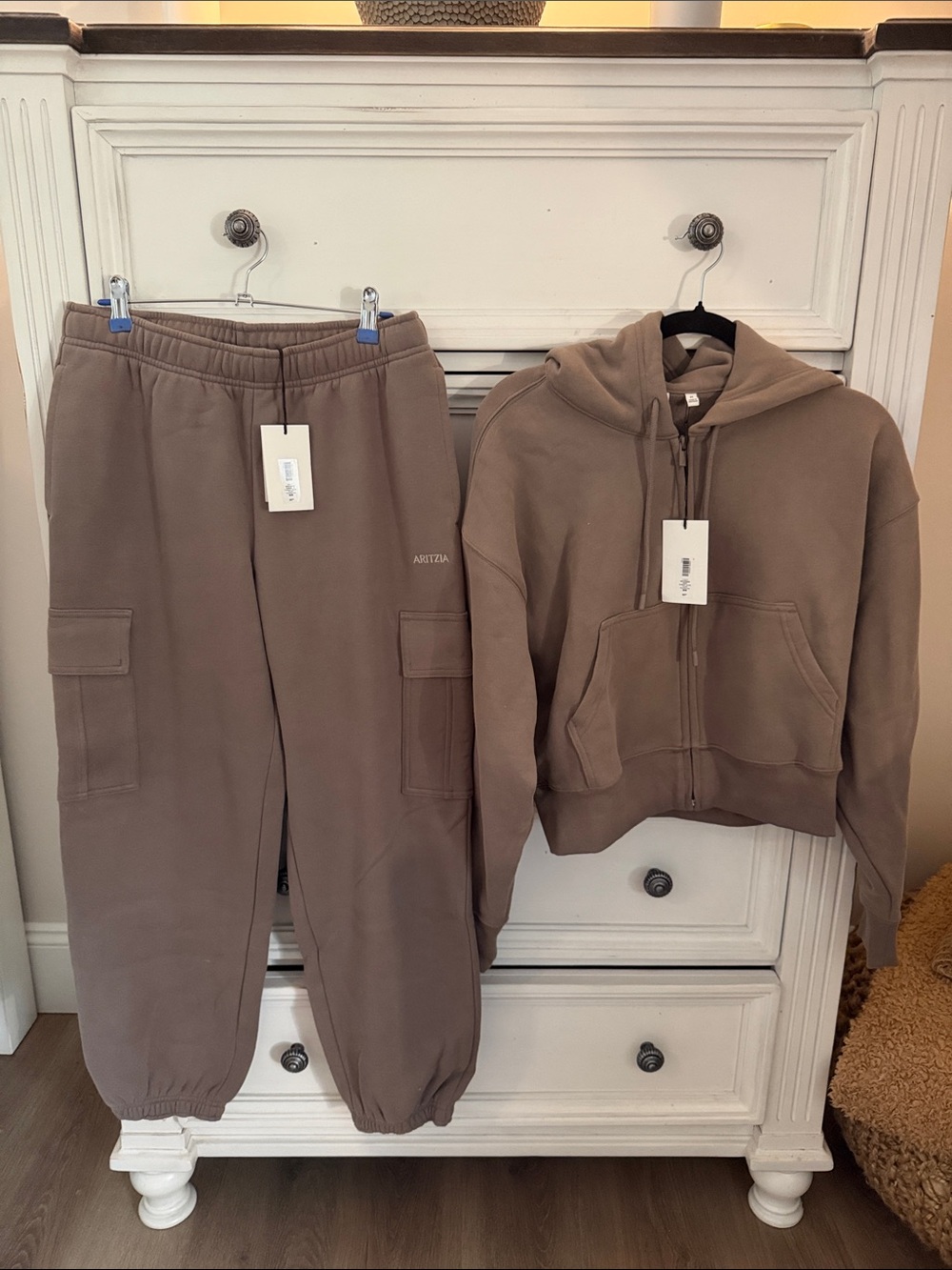 Aritzia Taupe/Brown Cargo Joggers and Zip Hoodie Set